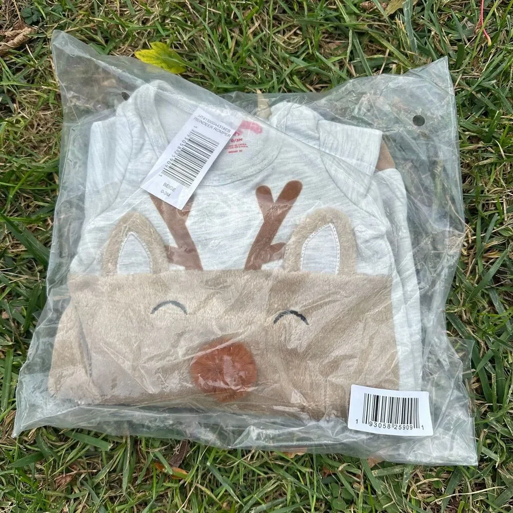 Holiday Reindeer Baby Romper Onesie with Matching Hat 0-3 Months
